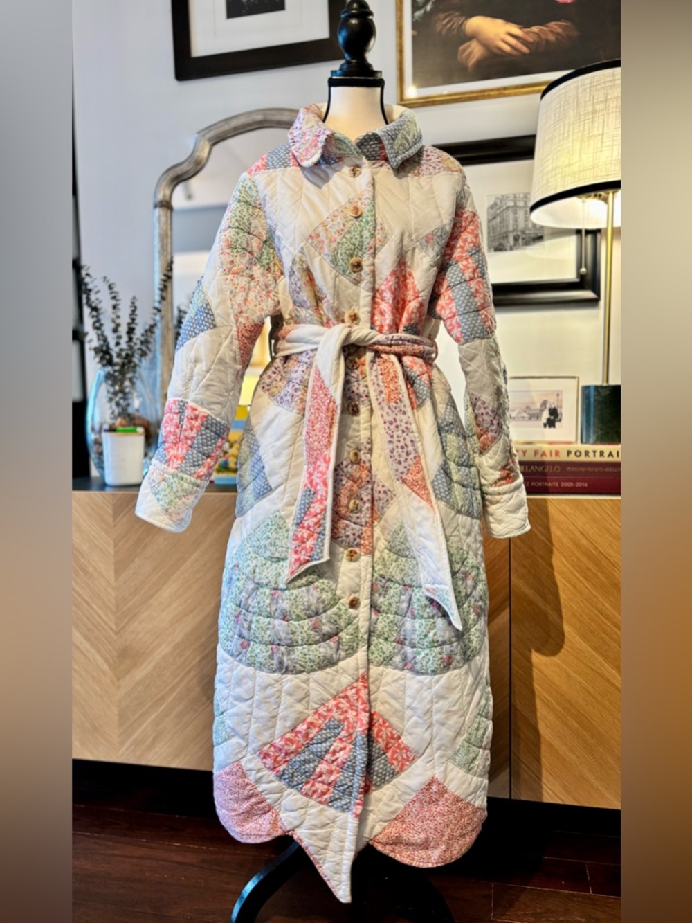💕SOLD 🧵HANDMADE Fan Patchwork Long Quilt Belted Coat in Pastel Floral S/M - Picture 4 of 16